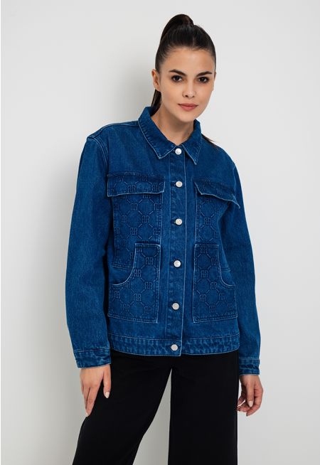 Multi Pocket Textured Monogram Denim Jacket