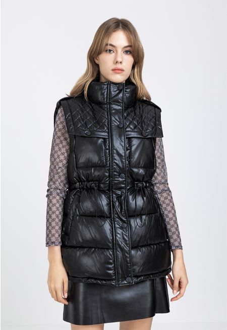 Drawstring Waist Puffer High Neck Gilet