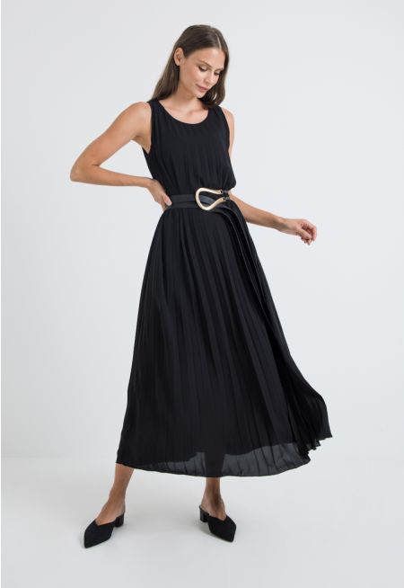 Pleated Sleeveless A-Line Dress