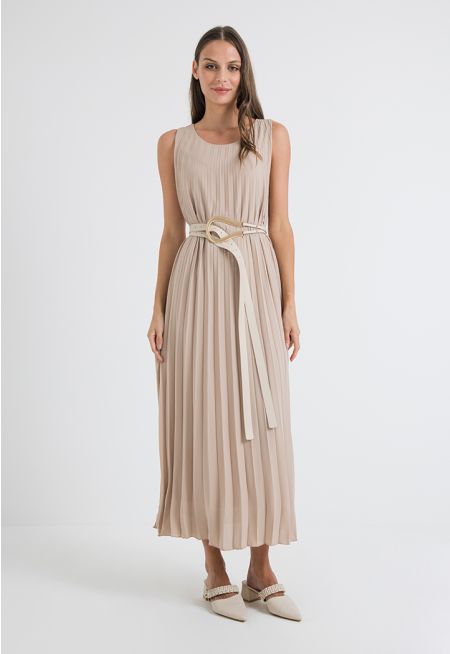 Pleated Sleeveless A-Line Dress