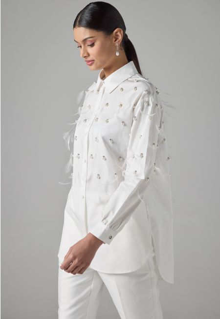 Long Sleeve Crystal Embellished Feather Shirt 