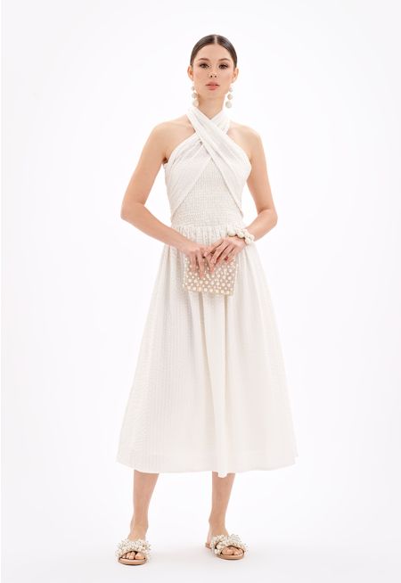 Sleeveless Halter Neck Textured Midi Dress -Sale