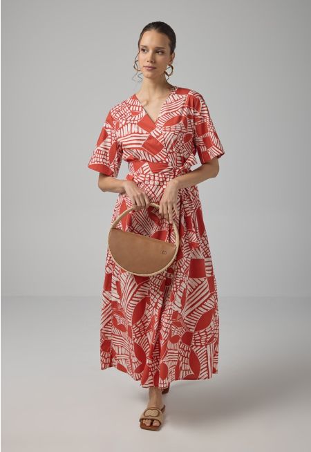 V-Neck Short Sleeves Printed Dress