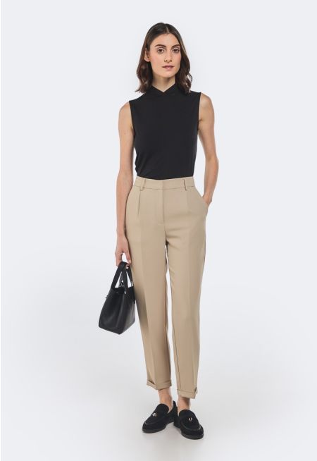 Solid Folded Hem Trousers