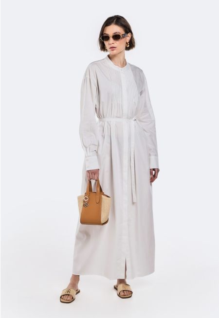 Solid Pleated Belted Dress