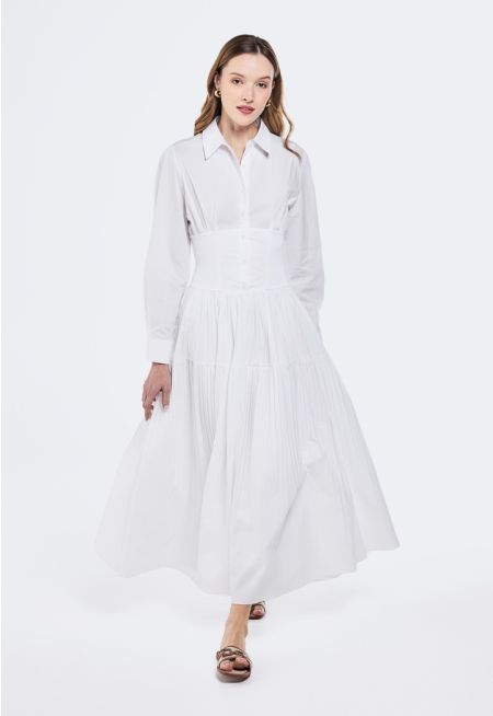 Wide Gathered Waist Pleated Dress