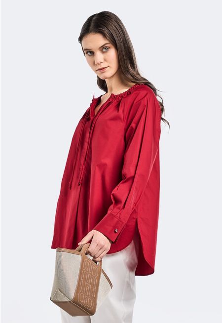 Solid Drawstring Neck Blouse
