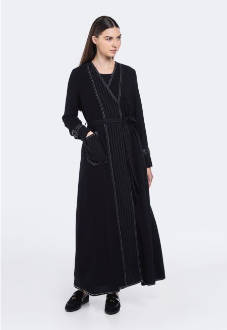Contrast Stitch Belted Abaya