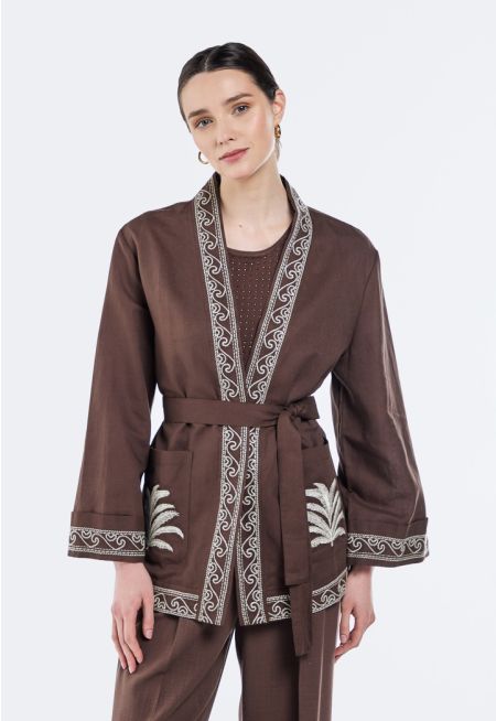 Embroidered Belted Linen Kimono