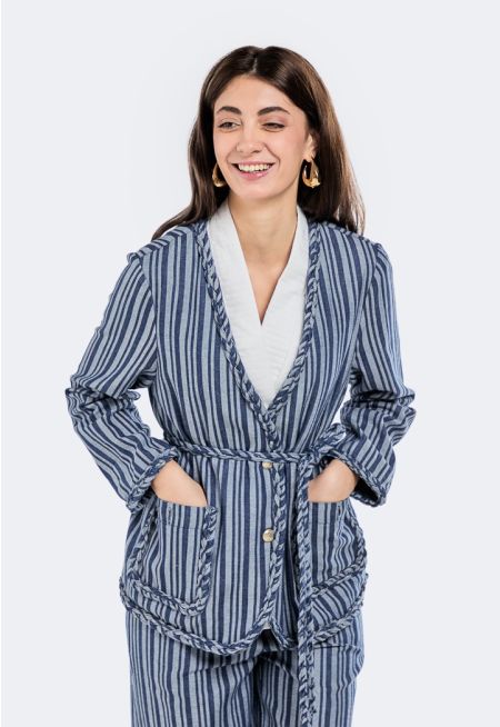 Striped Belted Denim Jacket