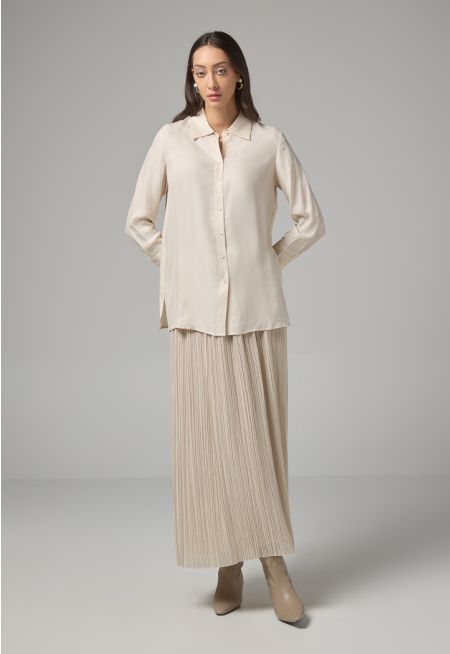 Solid Elasticated Waist Pleated Skirt