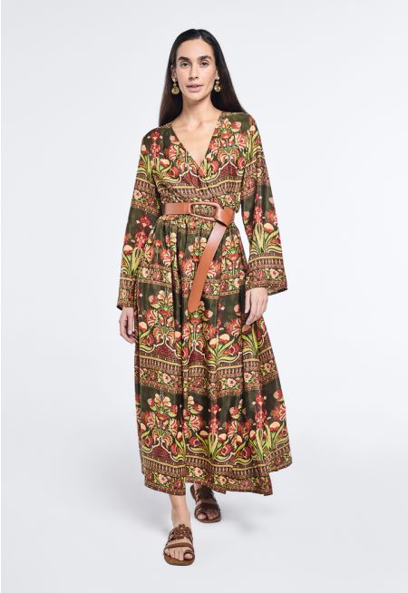 Printed Belted Wrap Dress