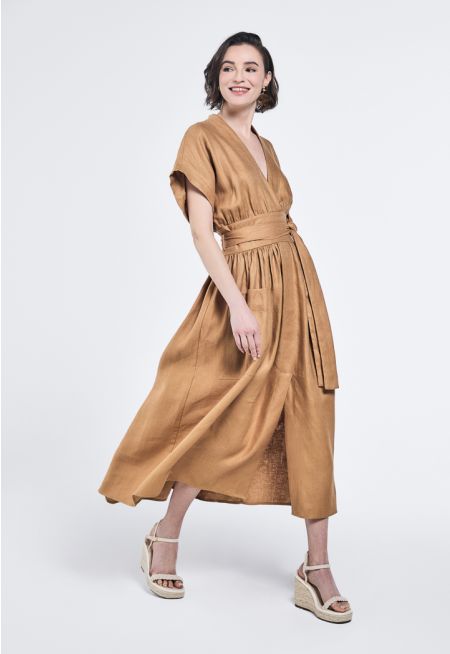 Wide Gathered Waist Belted Dress