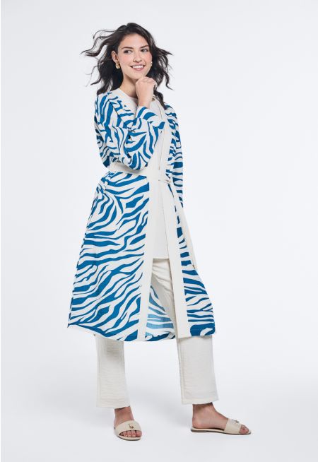 Zebra Print Belted Cardigan