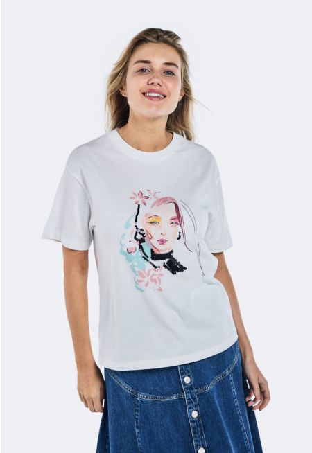 Sequin Embellished Printed Motif T-Shirt