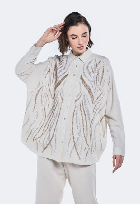 Sequin Embellished Linen Shirt
