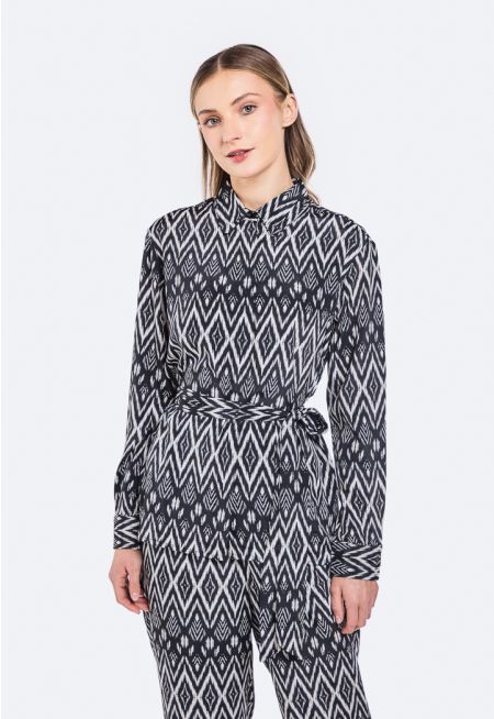 Ikat Print Belted Shirt