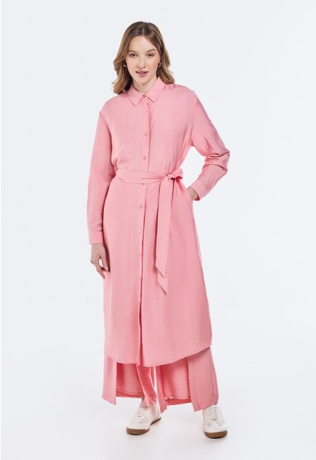 Crinkled Belted Shirt Dress