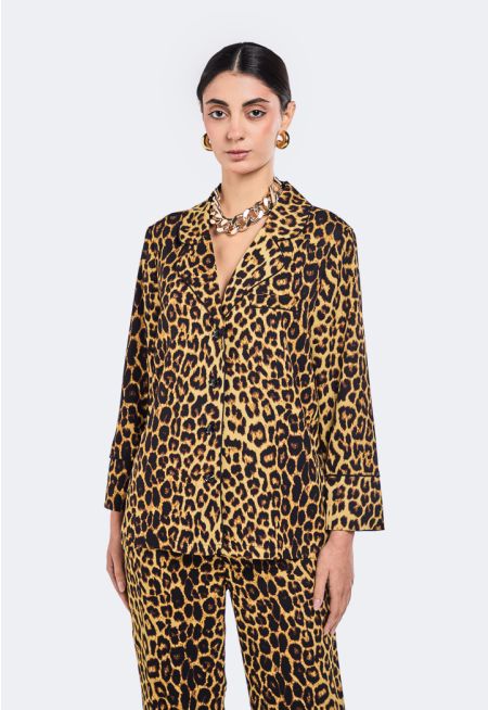 Leopard Print Notched Collar Shirt