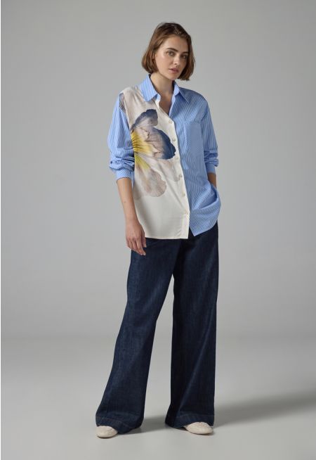 Floral Print Wide Leg Denim Trousers