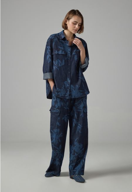 Floral Patterned Wide Leg Denim Trousers