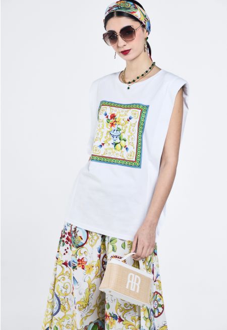 Printed Motif T-Shirt With Shoulder Pad