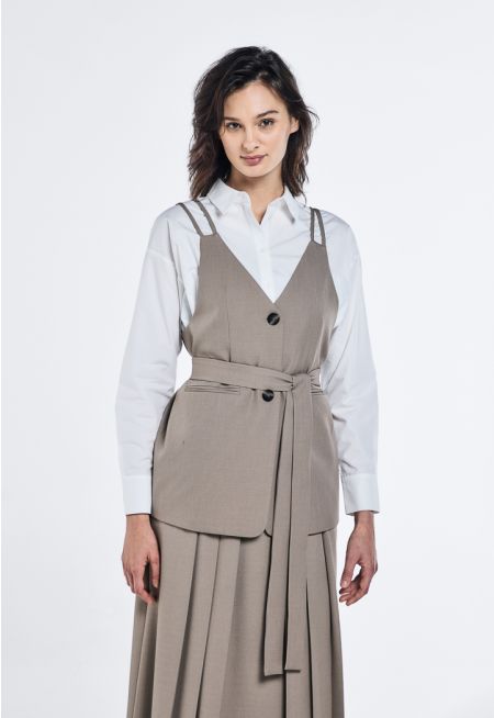 Solid V-Neck Belted Vest