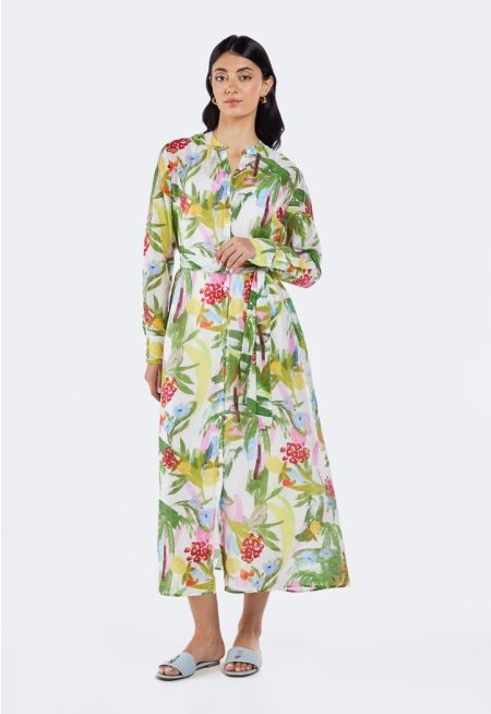 Tropical Print Belted Dress (2 PCS)