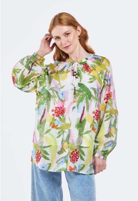 Tropical Print Tie Neck Blouse (2 PCS)