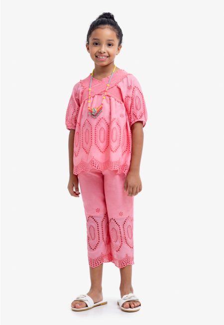 Smocked Schiffli Blouse & Pant Set