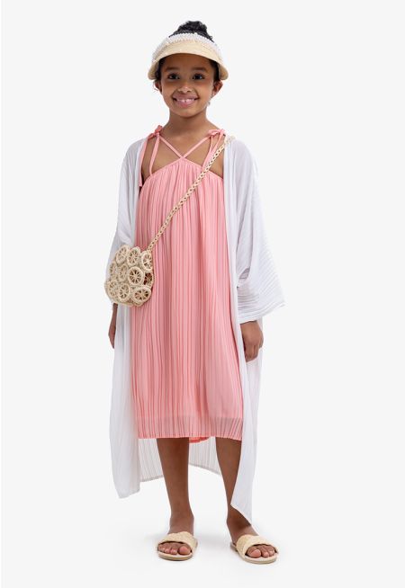 Pleated Midi Dress & Abaya Set