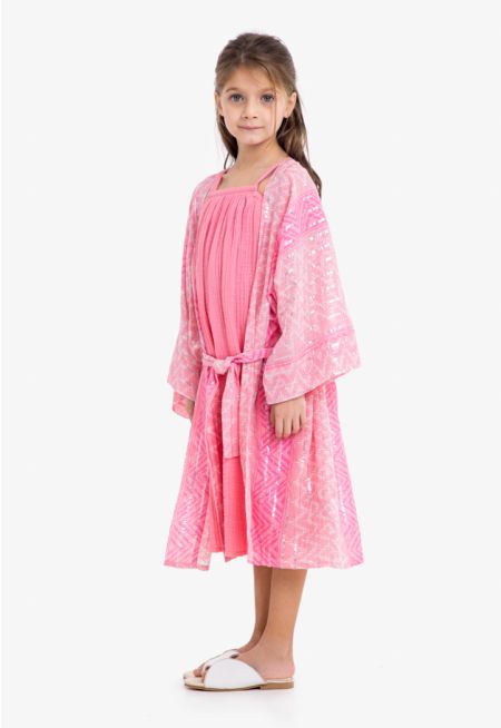Geometric Print Kimono Maxi Dress Set