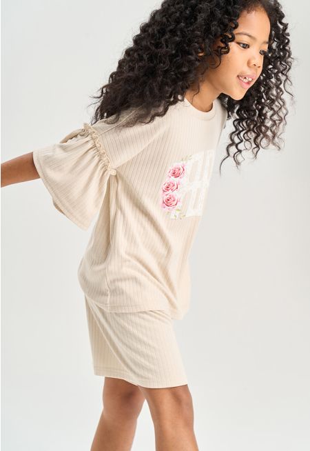 Ribbed Monogram Embellished Pajama Set (2 PCS)