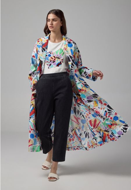 Notched Collar Belted Abstract Print Coat