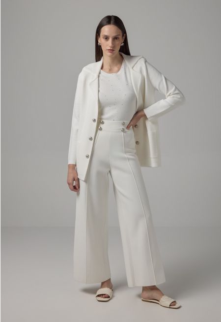 Knitted Pin Tuck Wide Leg Trousers