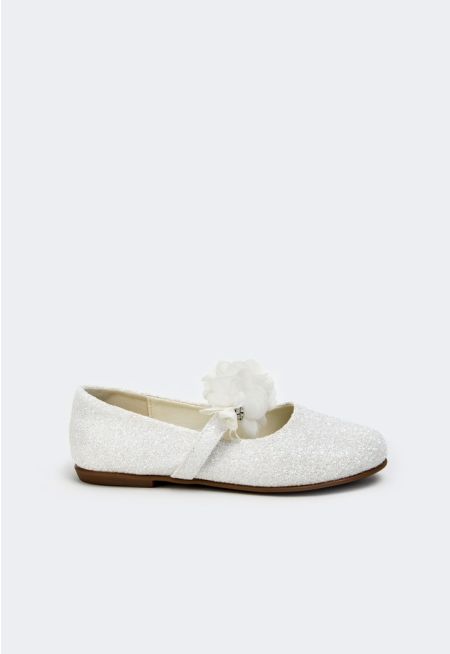Floral Strap Glitter Flat Shoes