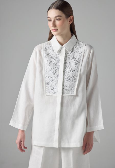 Solid Crystal Embellished Linen Shirt