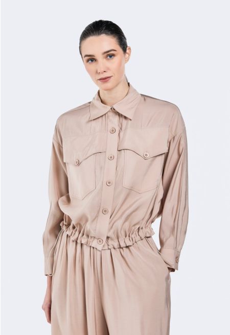 Cropped Drawstring Hem Shirt
