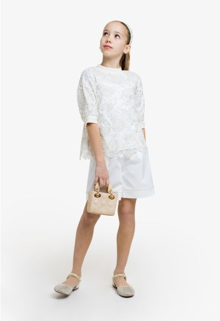 Floral Lace Top and Hem Shorts Set