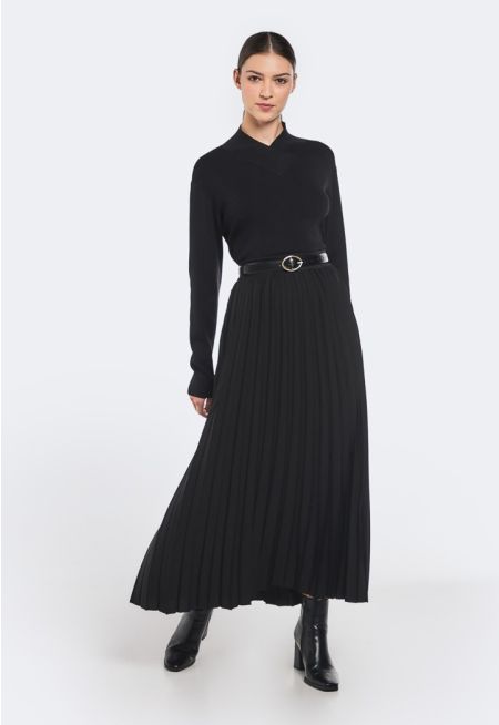 Solid Pleated Maxi Skirt