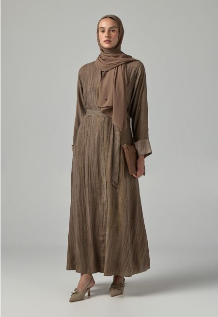 Long Sleeves Crinkled Maxi Open Abaya With Hijab (2Pcs)