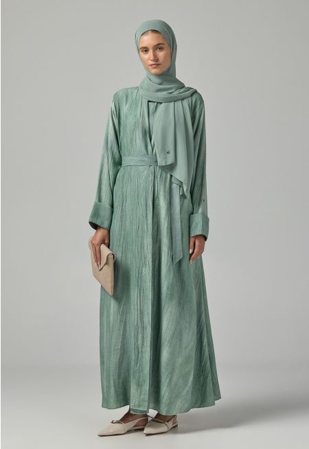 Long Sleeves Crinkled Maxi Open Abaya With Hijab (2Pcs)