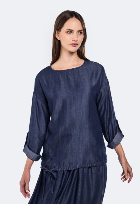 Solid Drawstring Hem Blouse