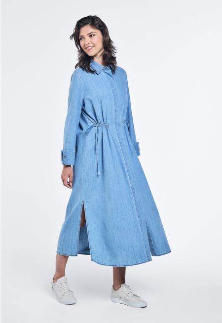 Drawstring Denim Shirt Dress