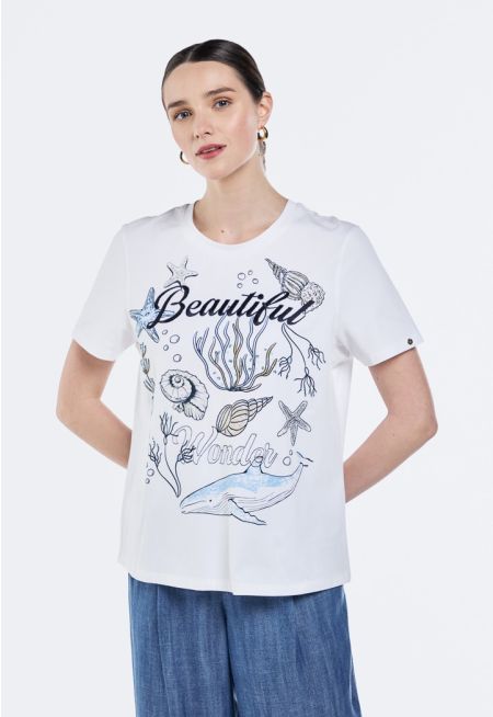 Embroidered And Printed Motif T-Shirt