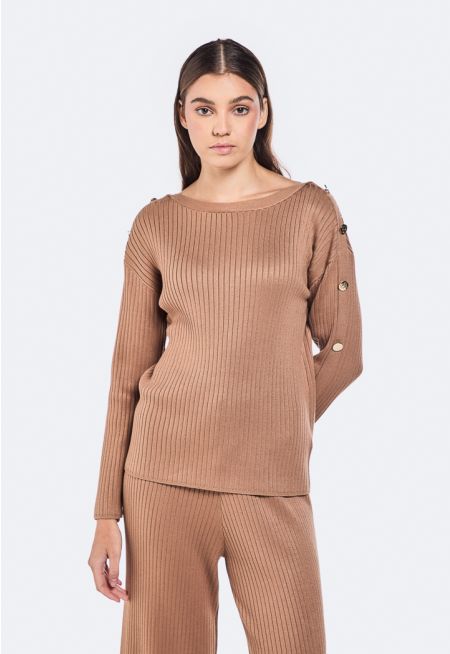 Button Embellished Ribbed Sweater
