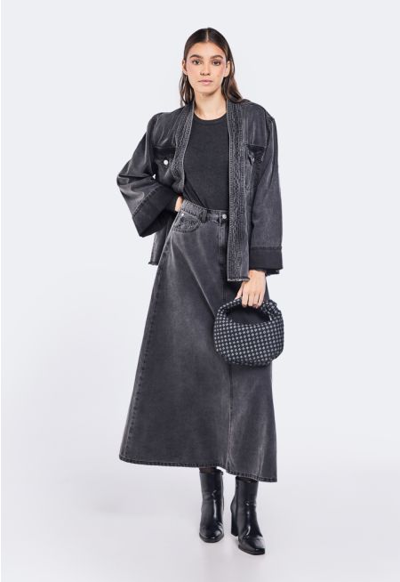 Solid Flared Denim Skirt