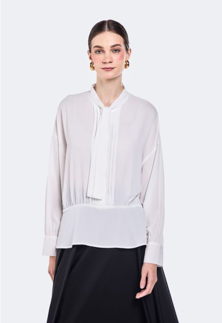 Pleated Blouse With Tie Neck