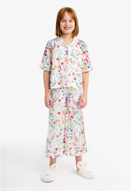 Vibrant Floral Button Top & Pants Pajama Set