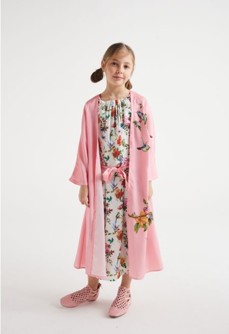 Floral Print Sleeveless Dress and Kimono Set (2PCS)
